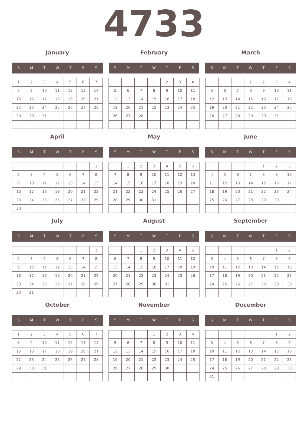 Printable 4733 Year Calendars wenge