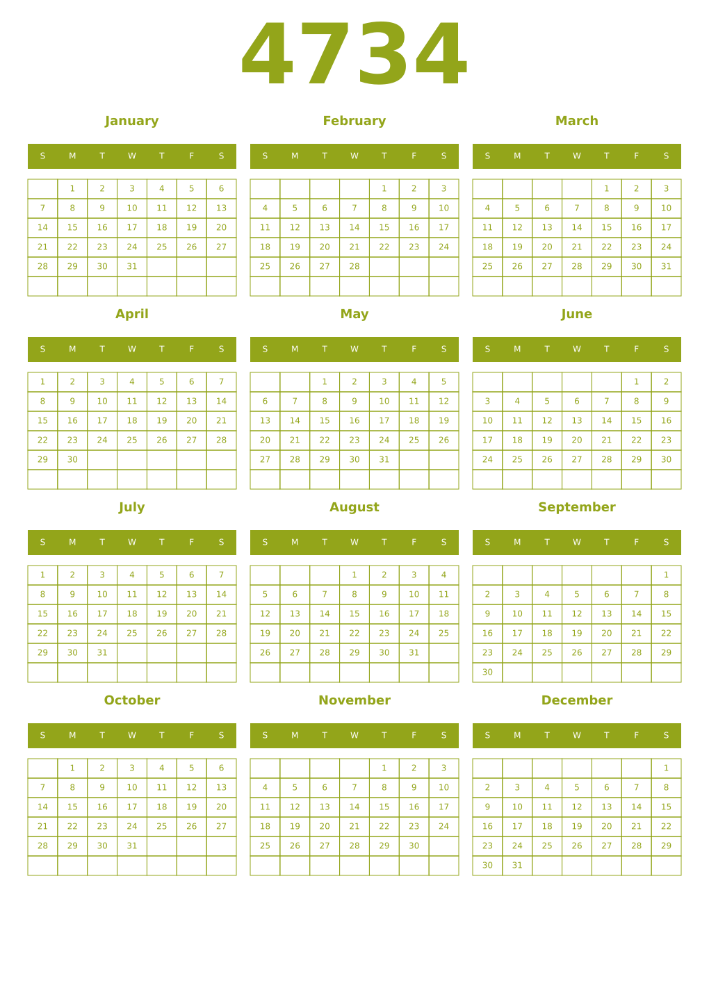 Printable 4734 Year Calendars chartreuse