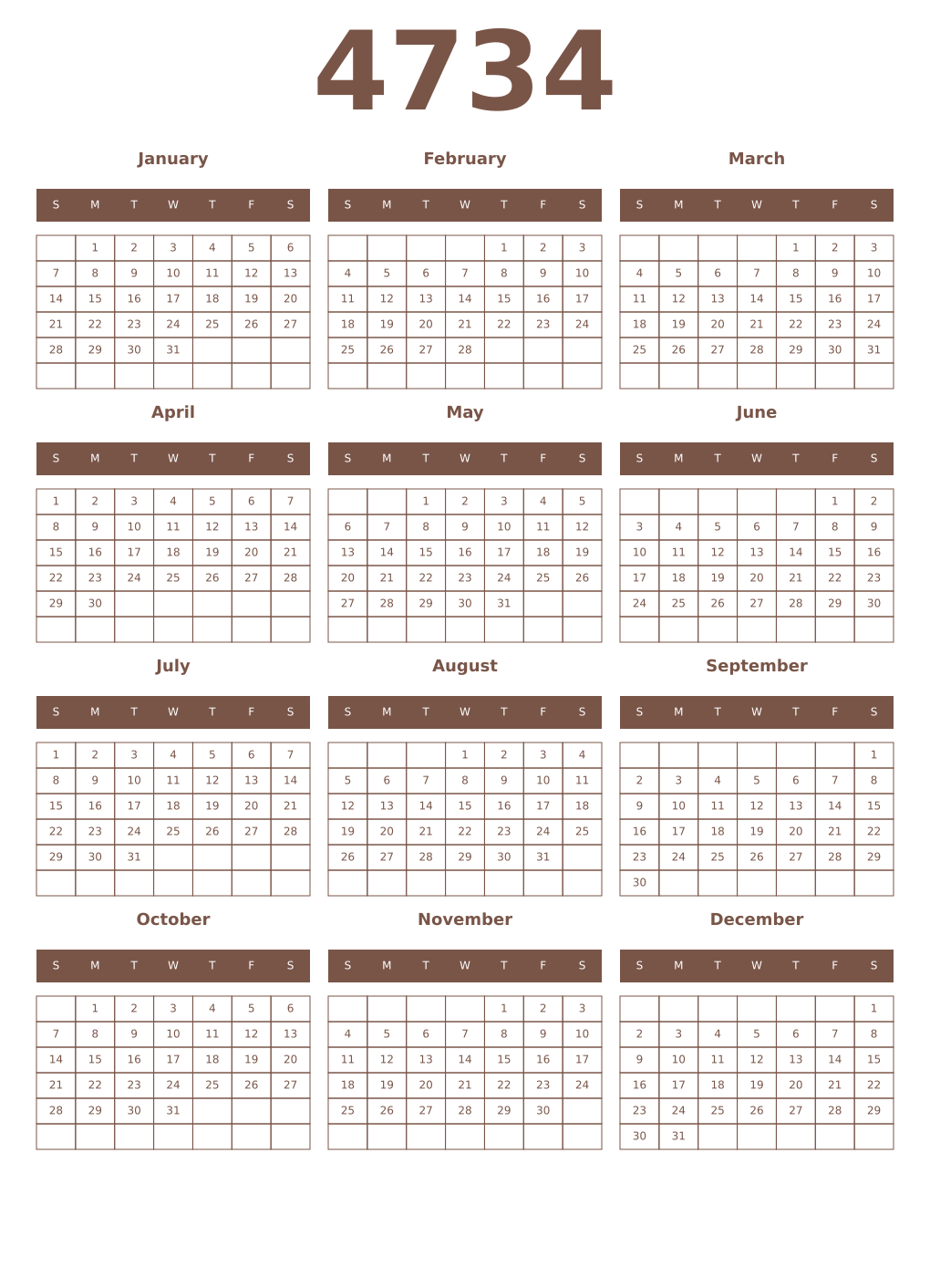 Printable 4734 Year Calendars coffe