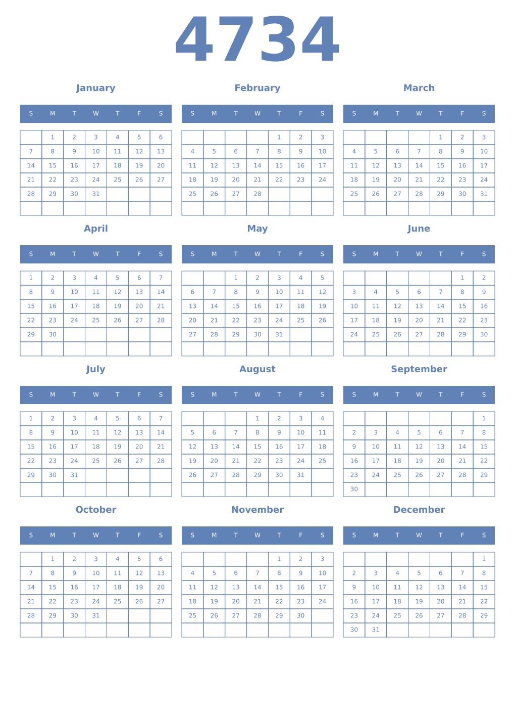 Printable 4734 Year Calendars glaucous