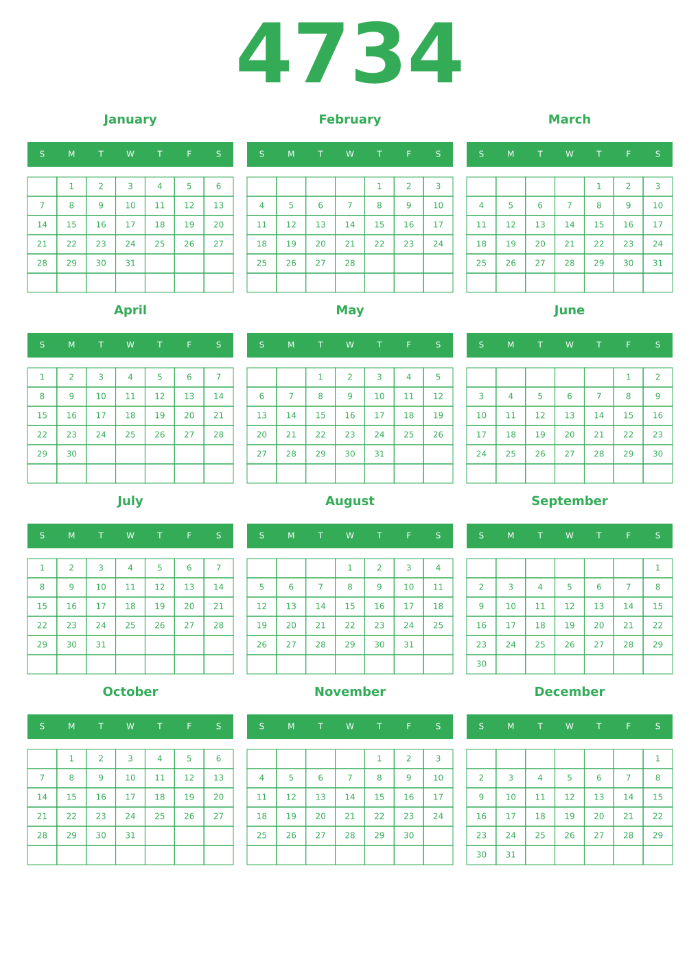 Printable 4734 Year Calendars green