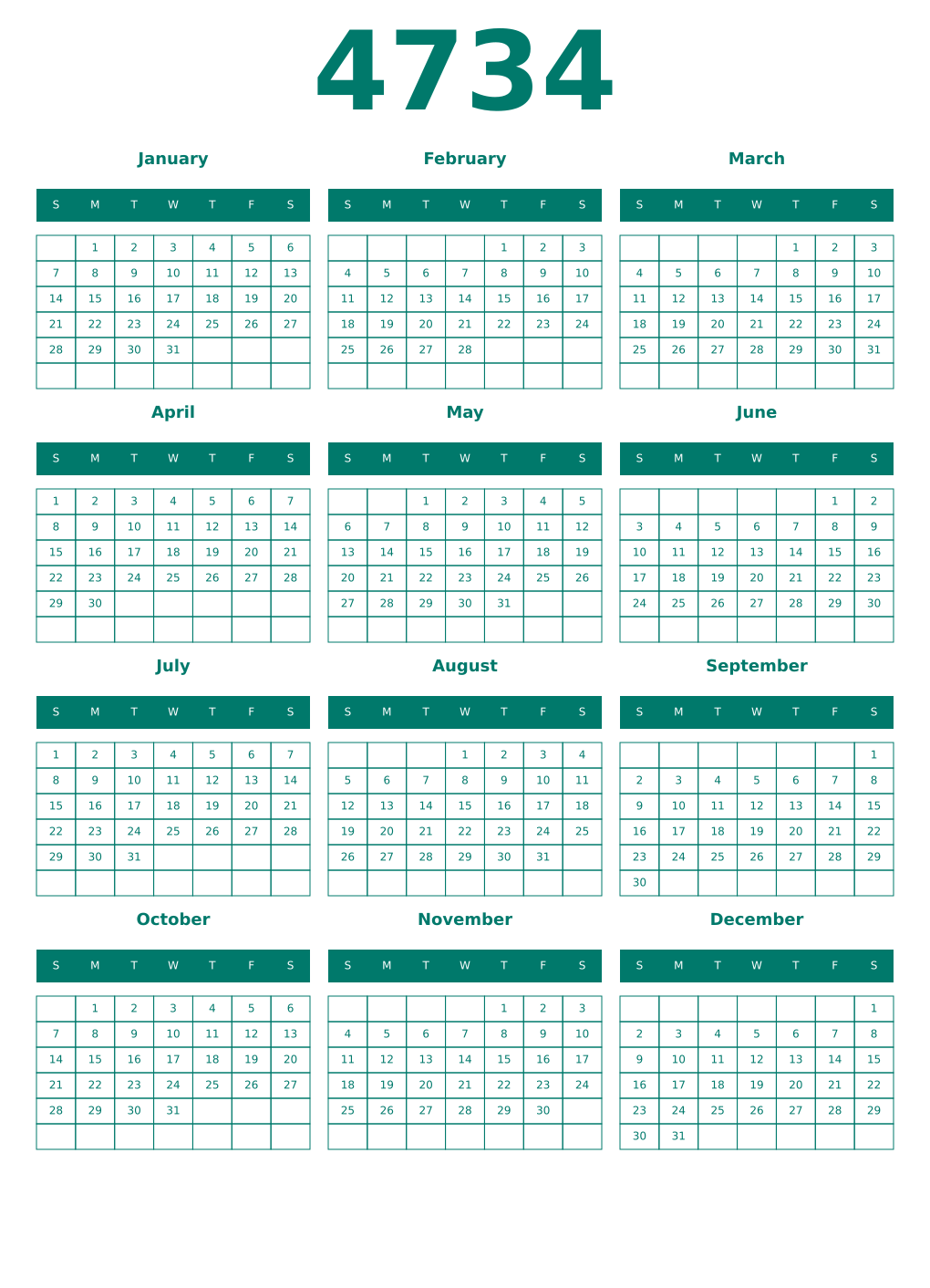 Printable 4734 Year Calendars pastel