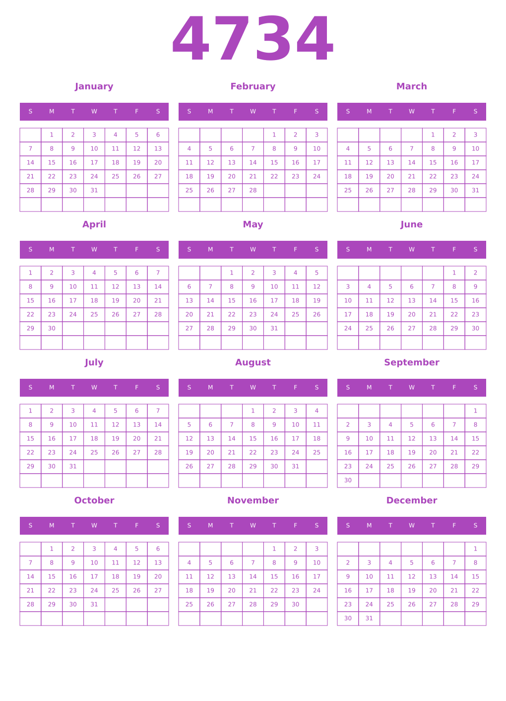 Printable 4734 Year Calendars purple