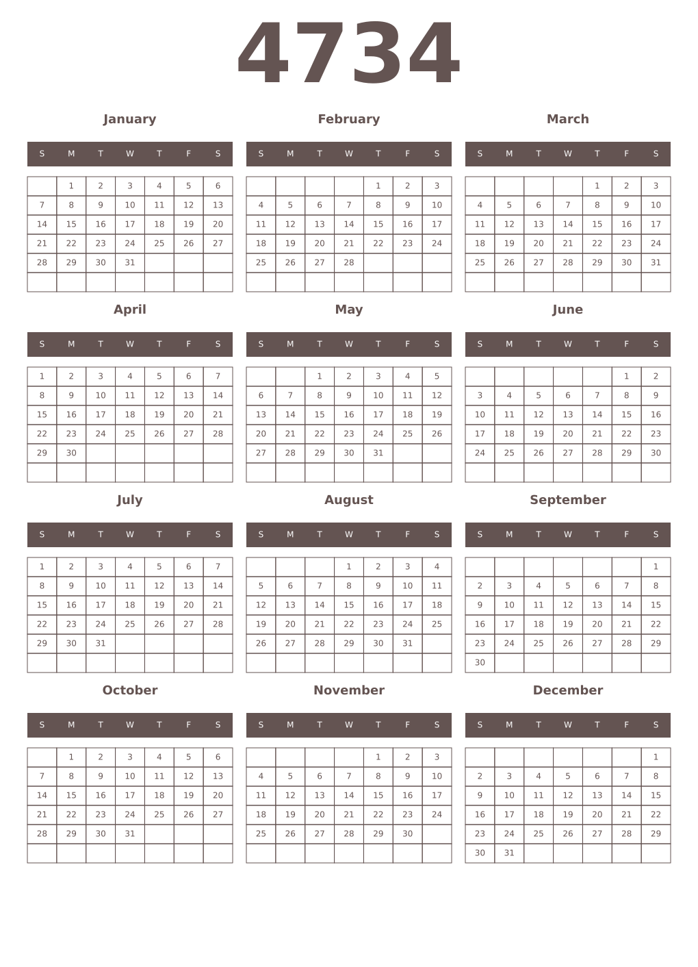 Printable 4734 Year Calendars wenge