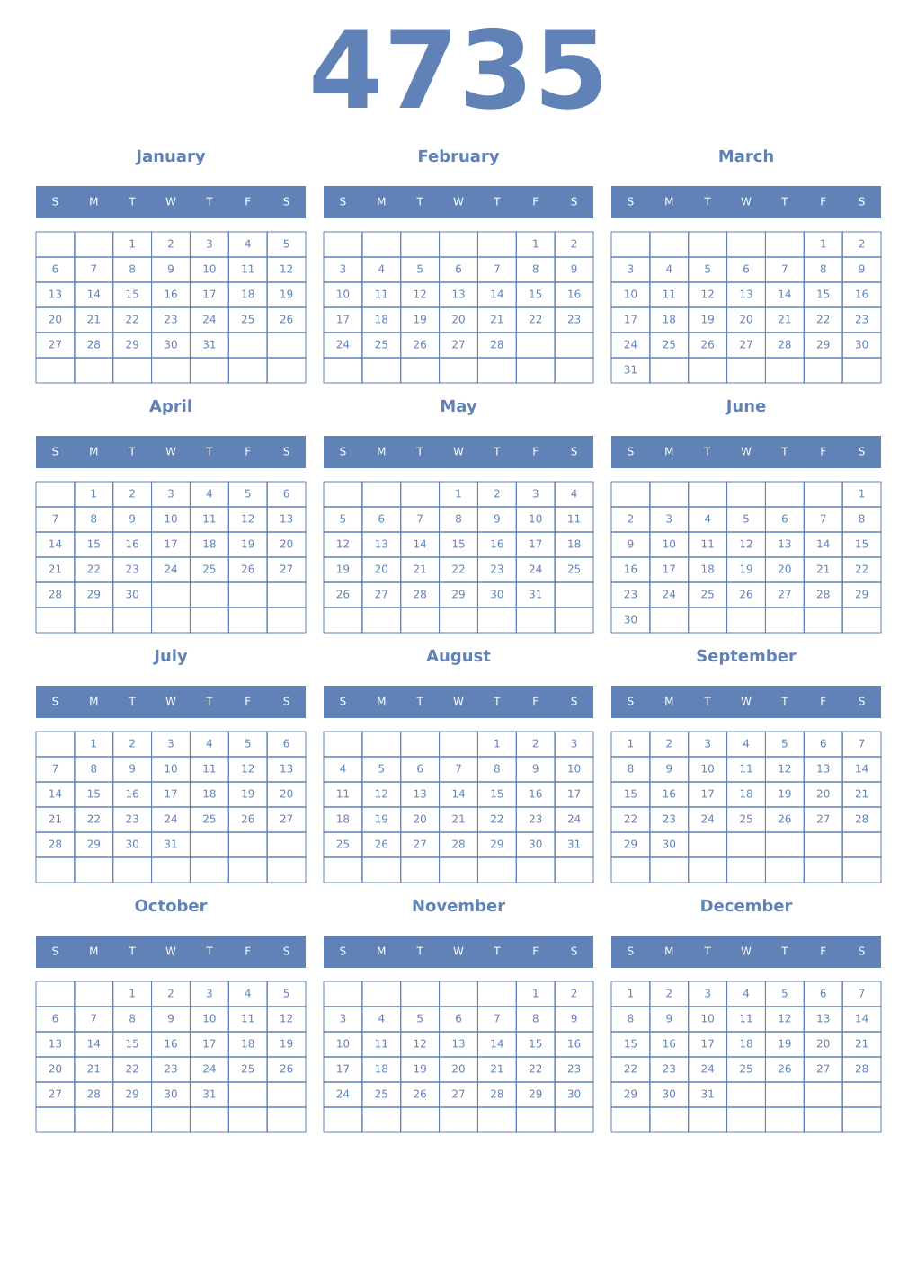 Printable 4735 Year Calendars glaucous