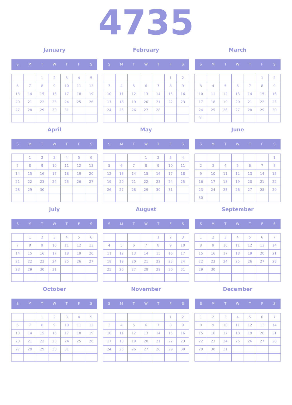 Printable 4735 Year Calendars periwinkle