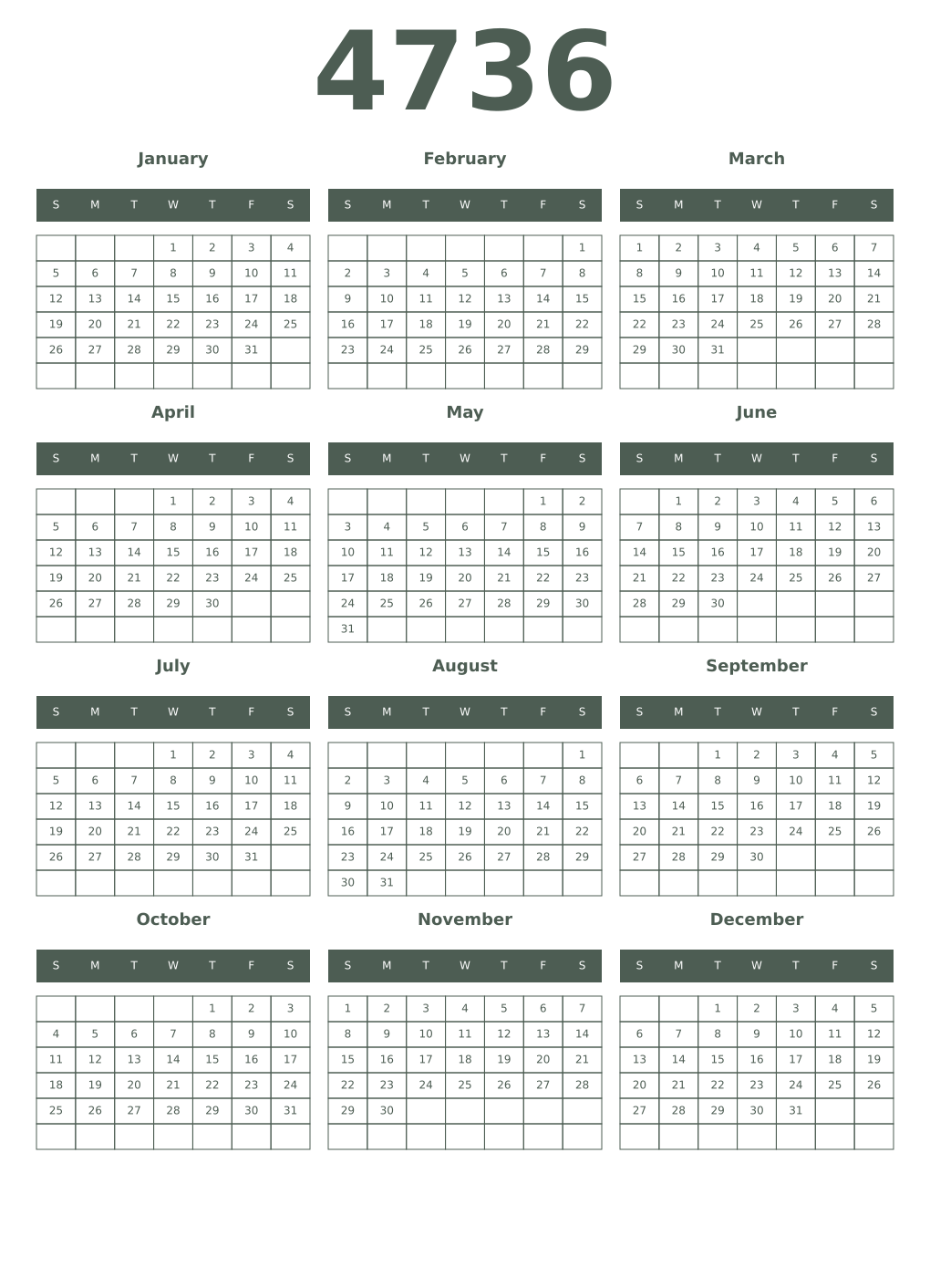 Printable 4736 Year Calendars feldgrau