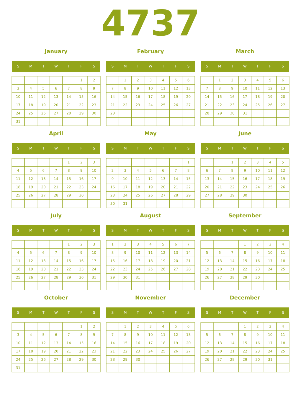 Printable 4737 Year Calendars chartreuse
