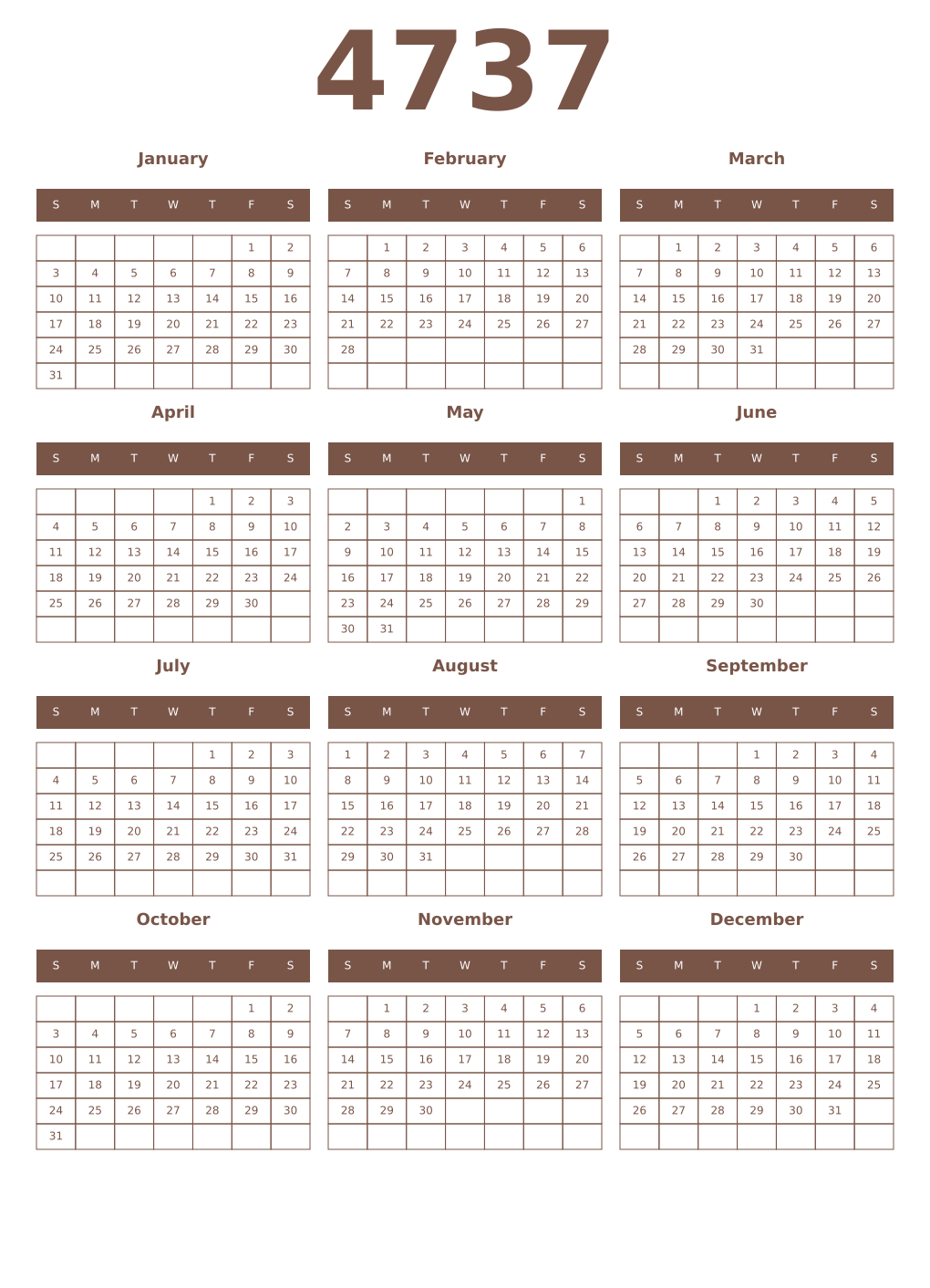 Printable 4737 Year Calendars coffe