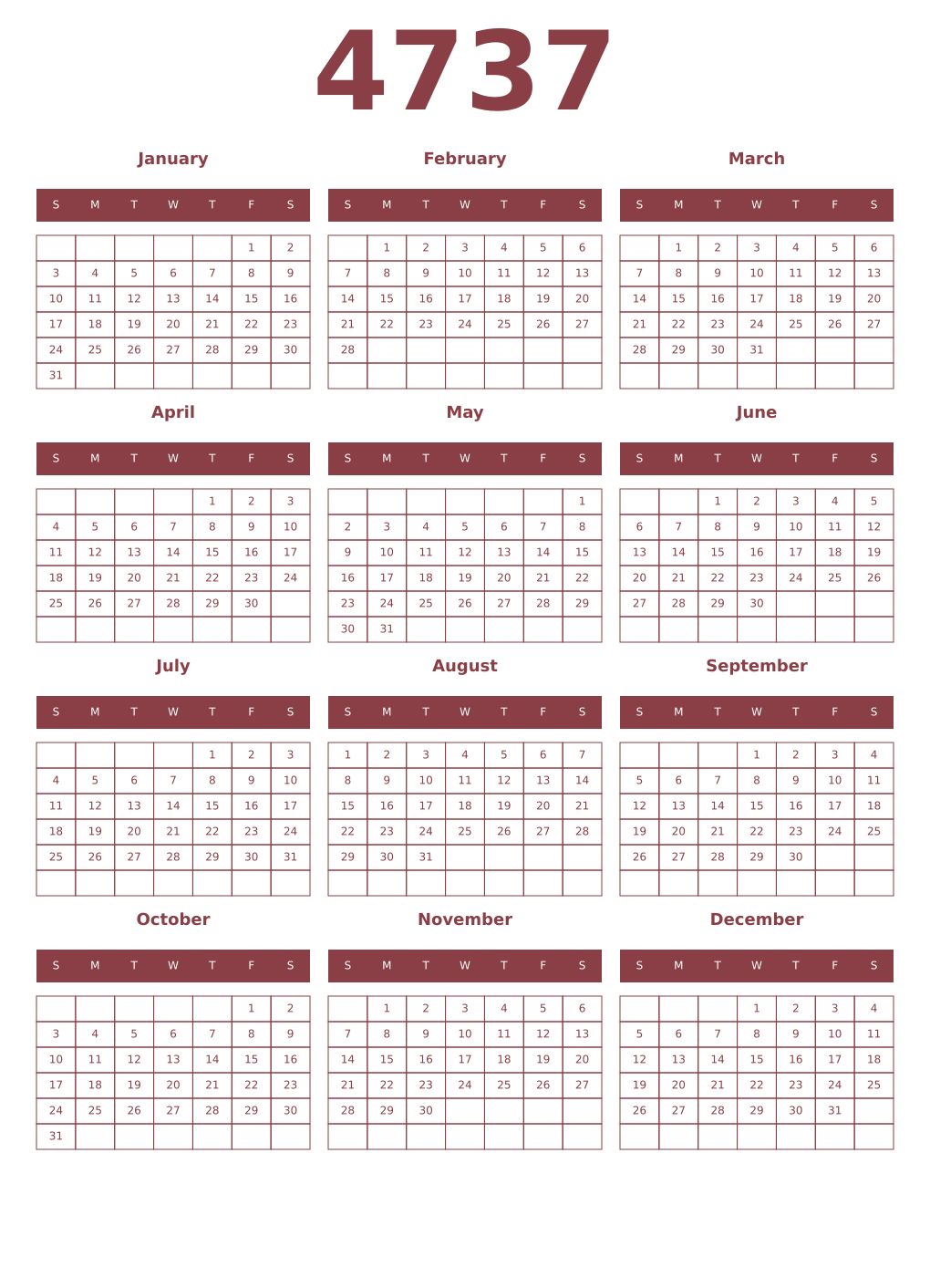 Printable 4737 Year Calendars cordovan