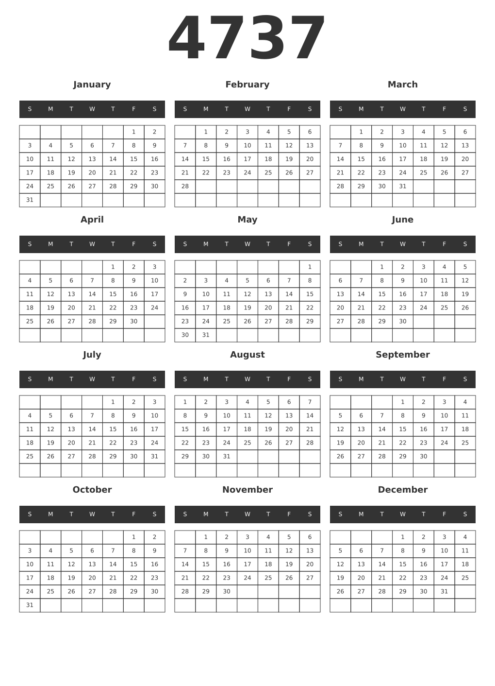 Printable 4737 Year Calendars dark
