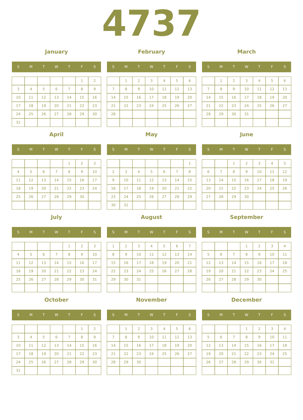 Printable 4737 Year Calendars eburnean