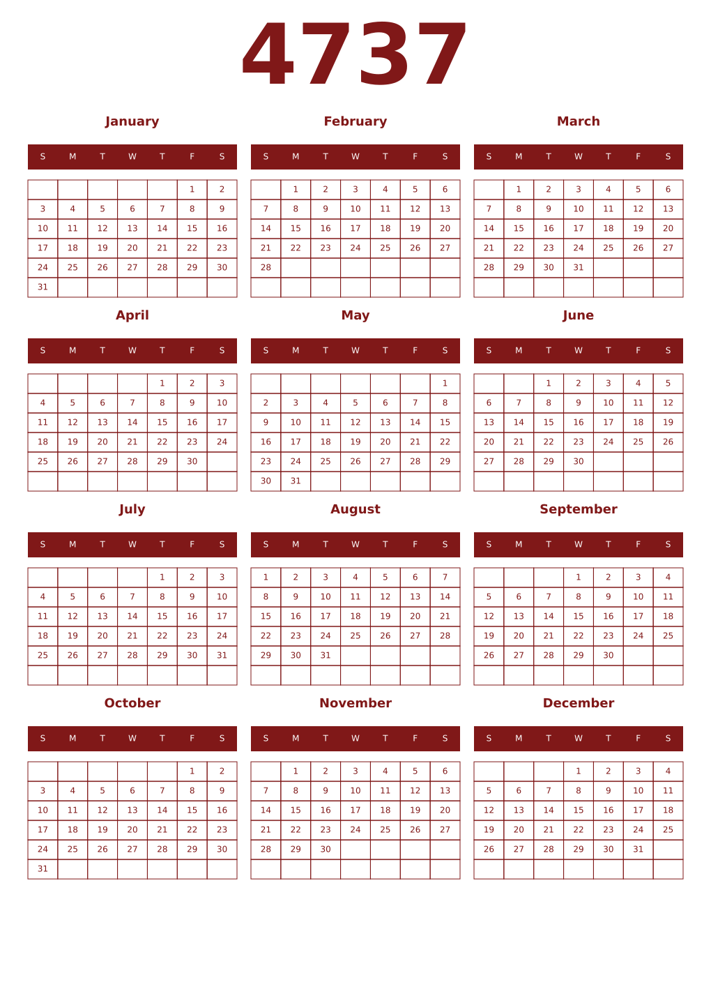Printable 4737 Year Calendars falu