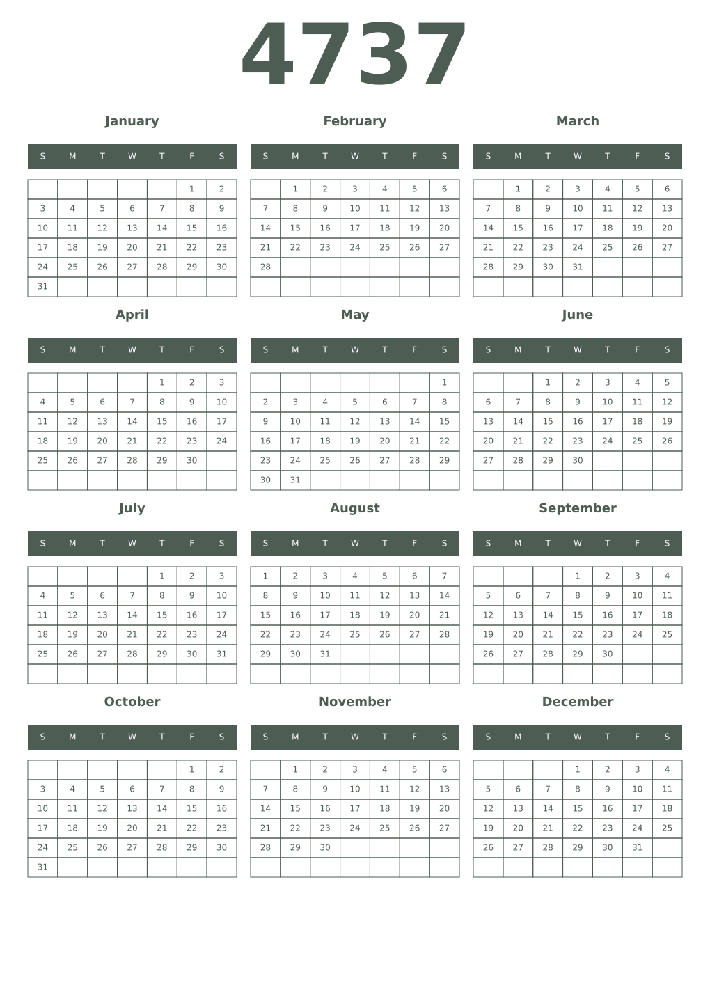 Printable 4737 Year Calendars feldgrau