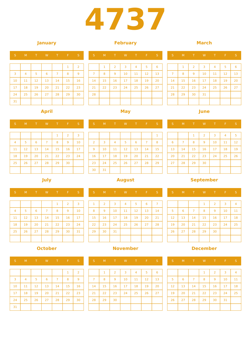 Printable 4737 Year Calendars gamboge