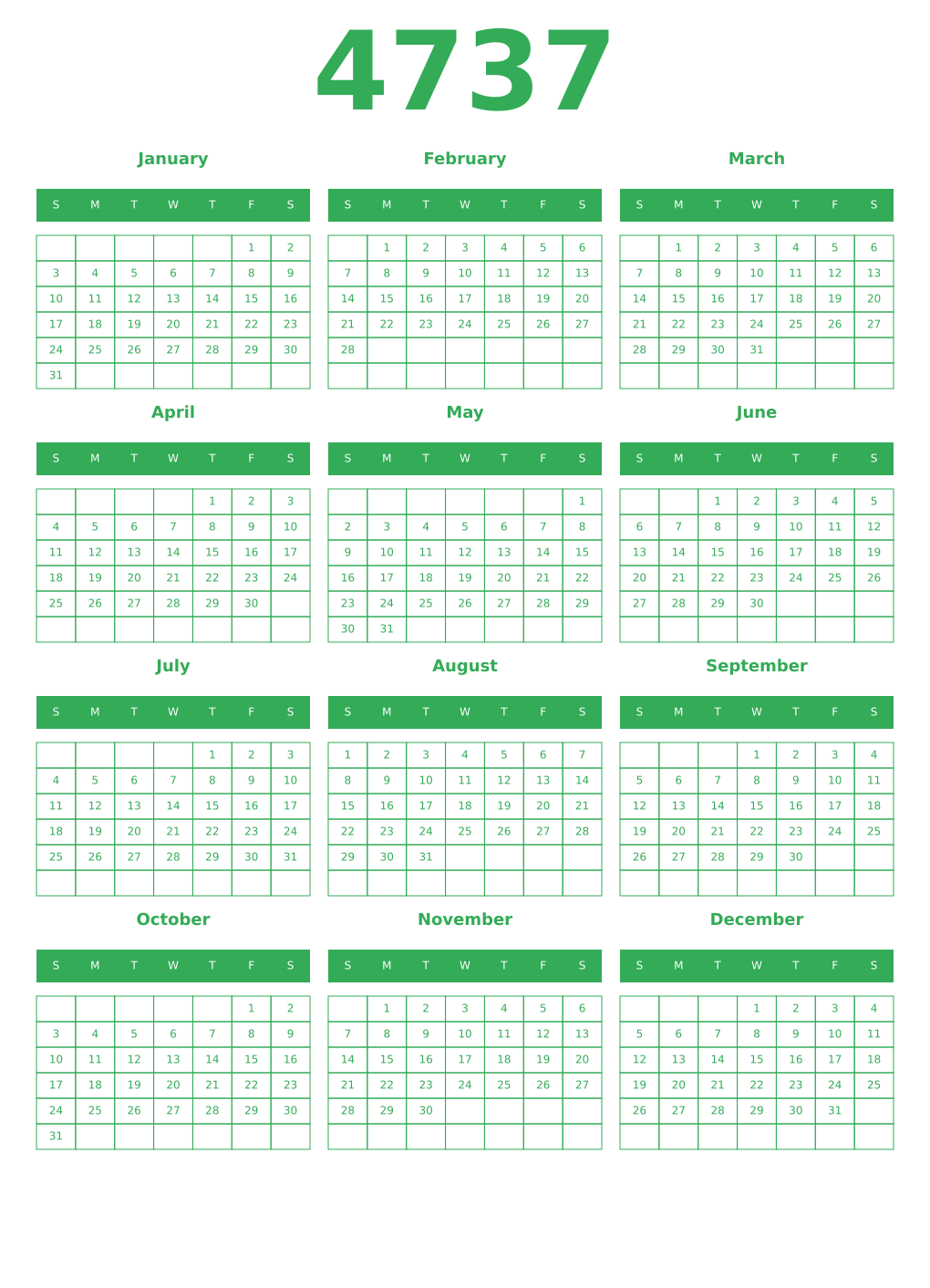Printable 4737 Year Calendars green