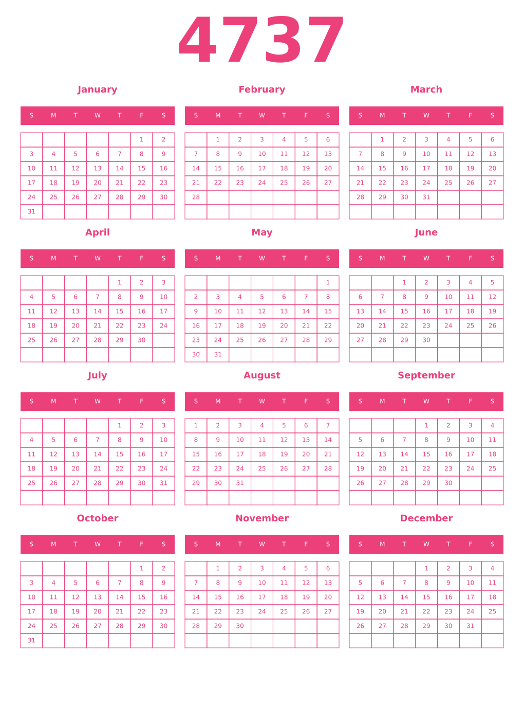 Printable 4737 Year Calendars pink