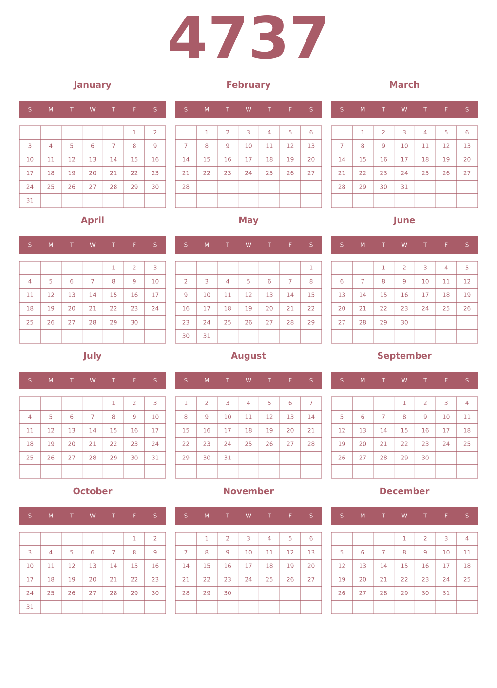 Printable 4737 Year Calendars puce