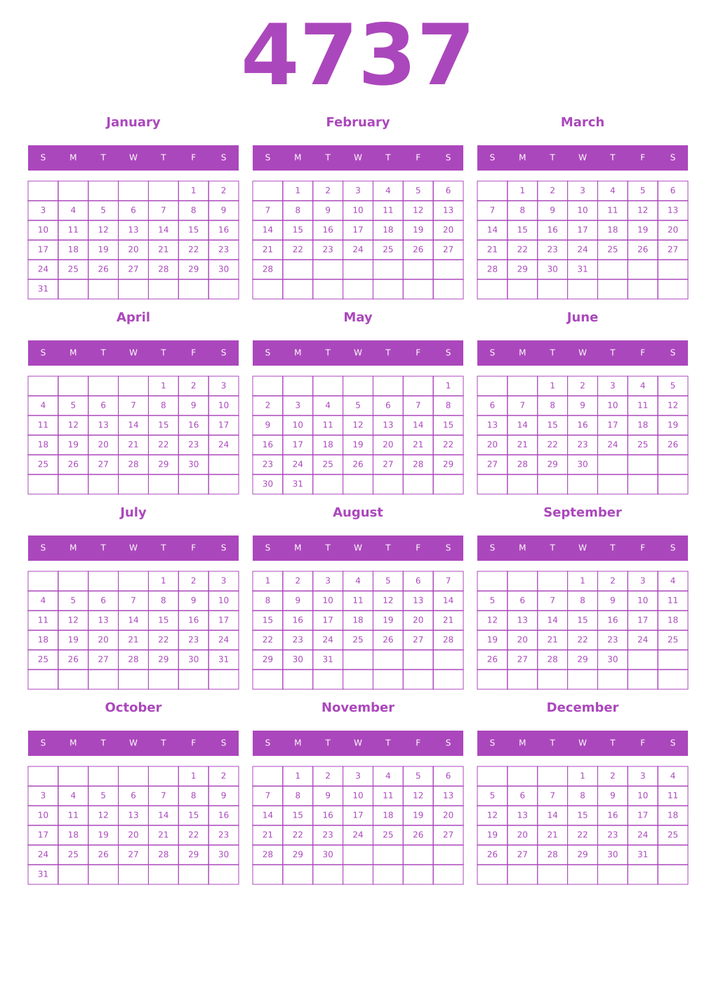 Printable 4737 Year Calendars purple