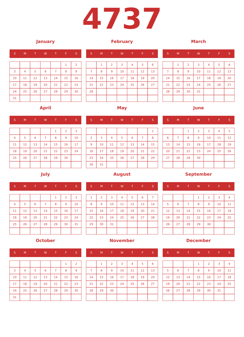 Printable 4737 Year Calendars red