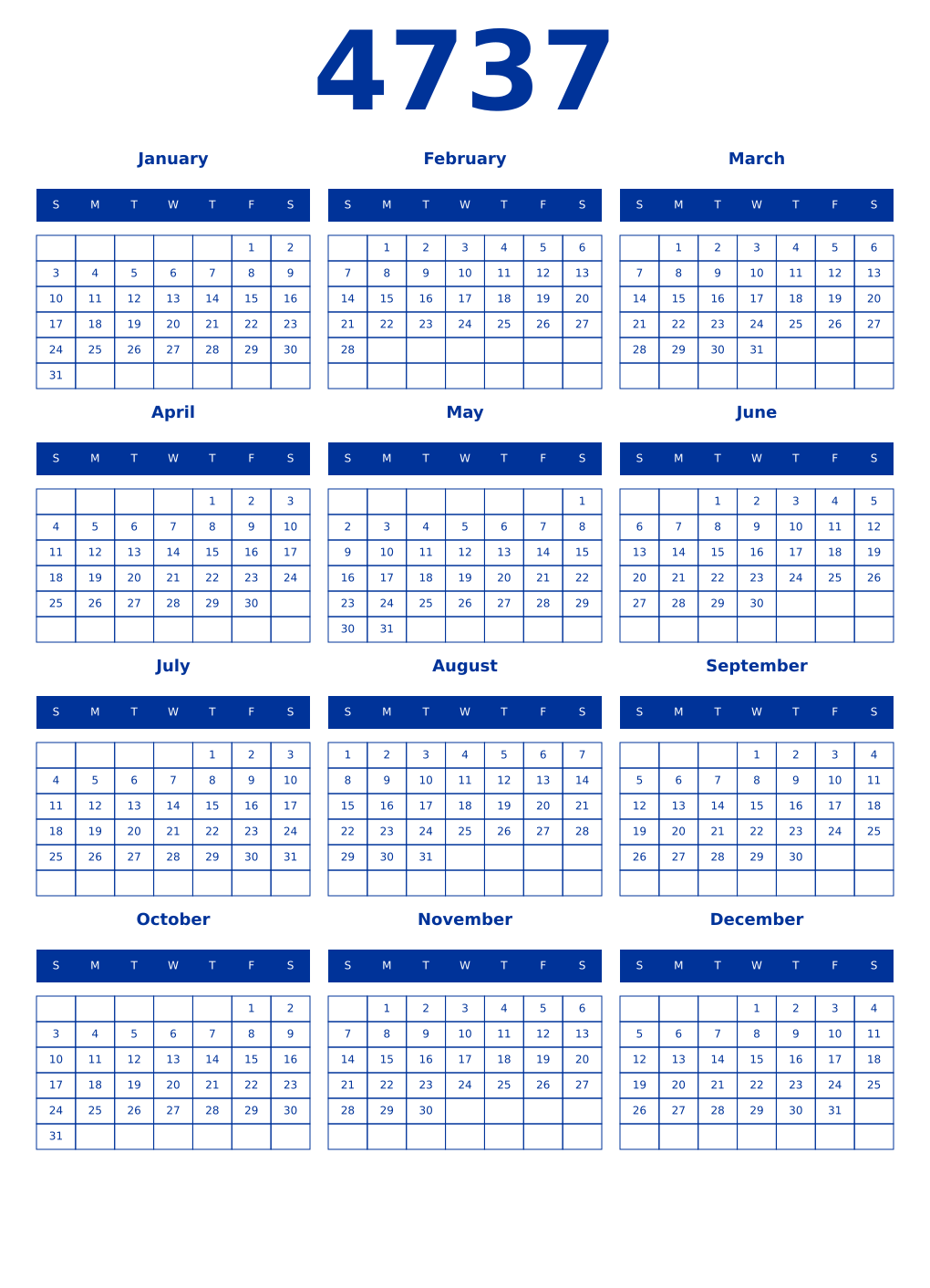 Printable 4737 Year Calendars smalt