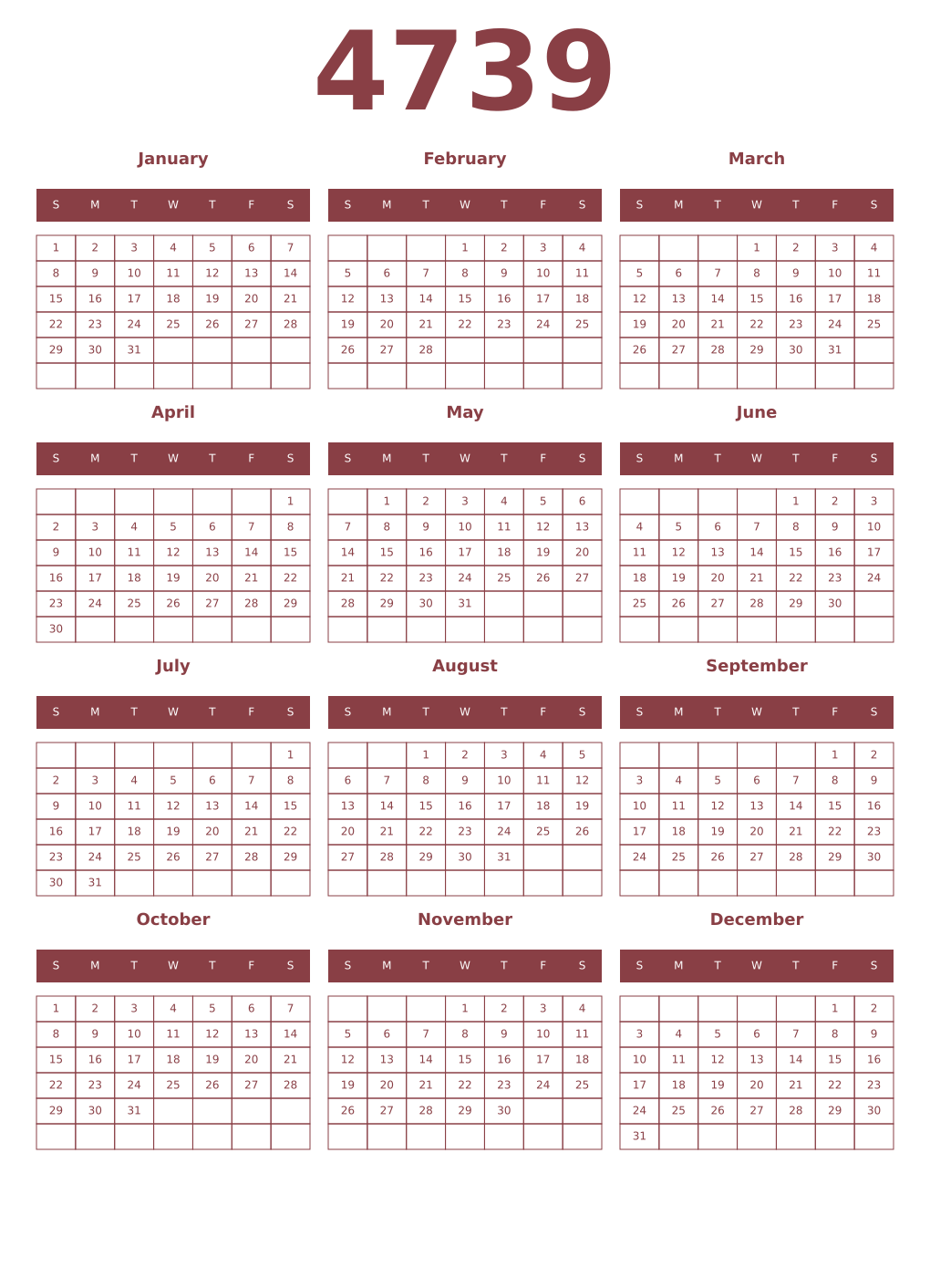 Printable 4739 Year Calendars cordovan