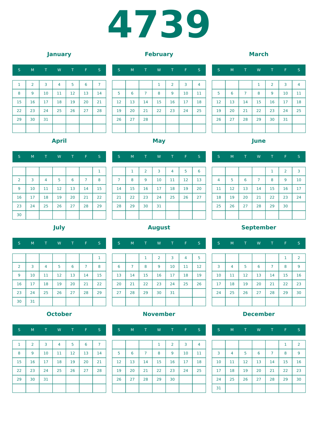 Printable 4739 Year Calendars pastel