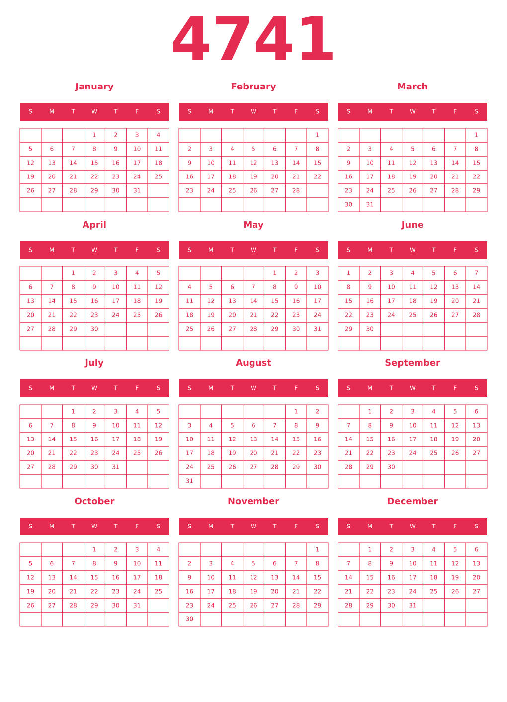Printable 4741 Year Calendars amaranth