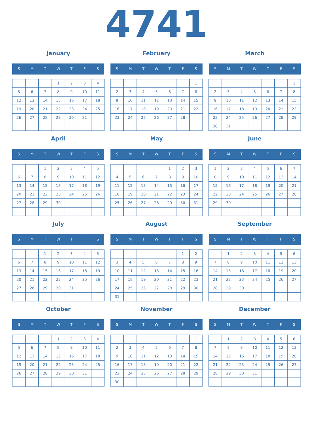 Printable 4741 Year Calendars blue