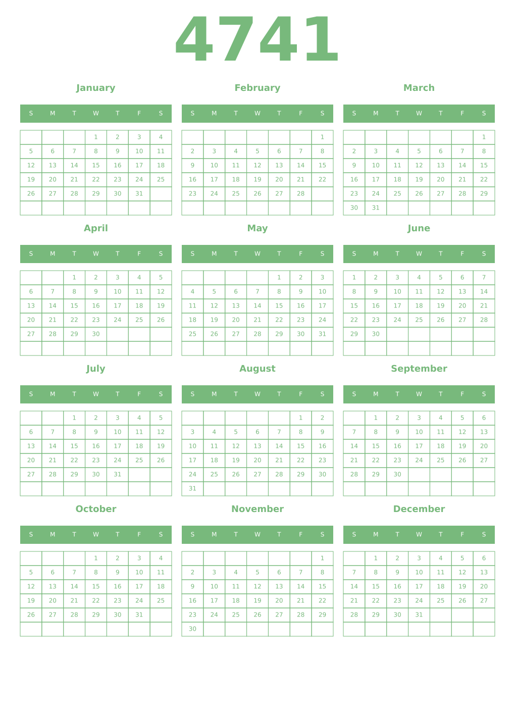 Printable 4741 Year Calendars celadon