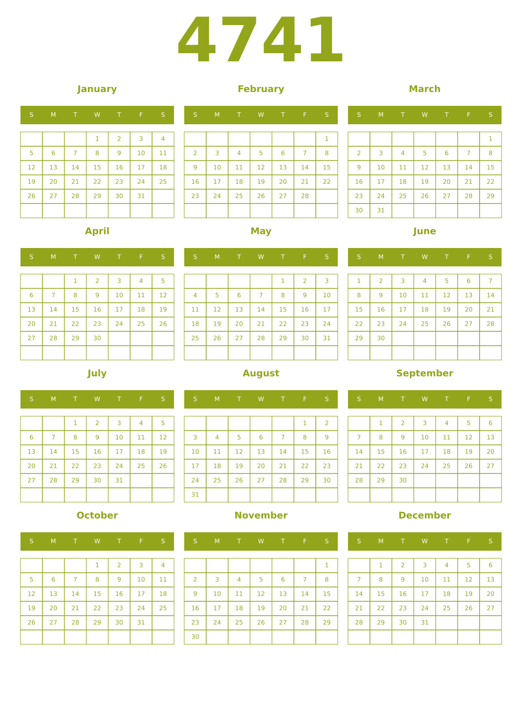 Printable 4741 Year Calendars chartreuse