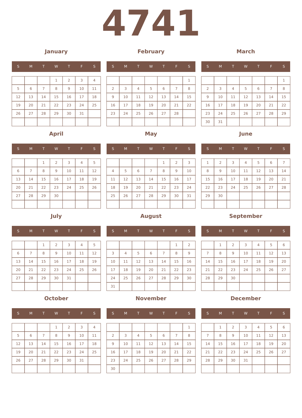 Printable 4741 Year Calendars coffe