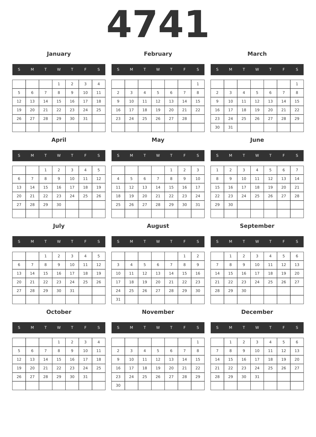 Printable 4741 Year Calendars dark