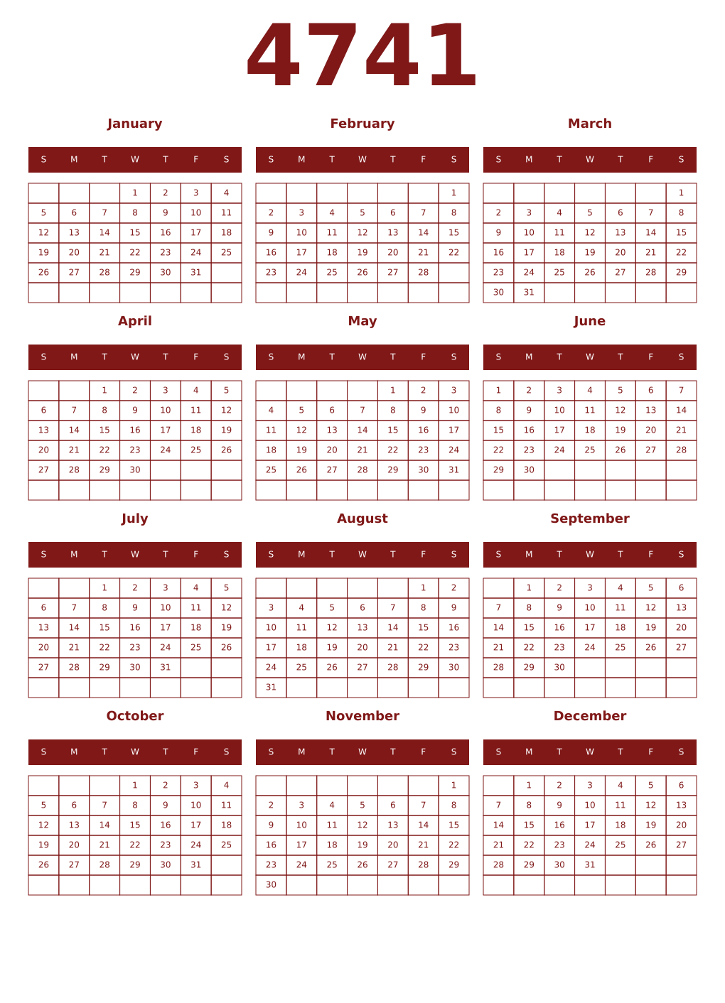 Printable 4741 Year Calendars falu