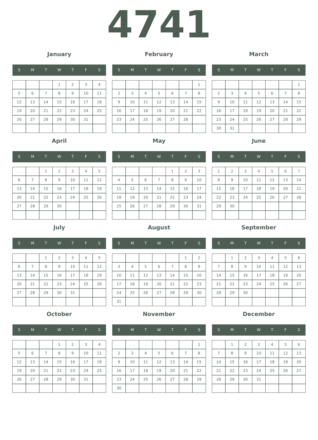 Printable 4741 Year Calendars feldgrau