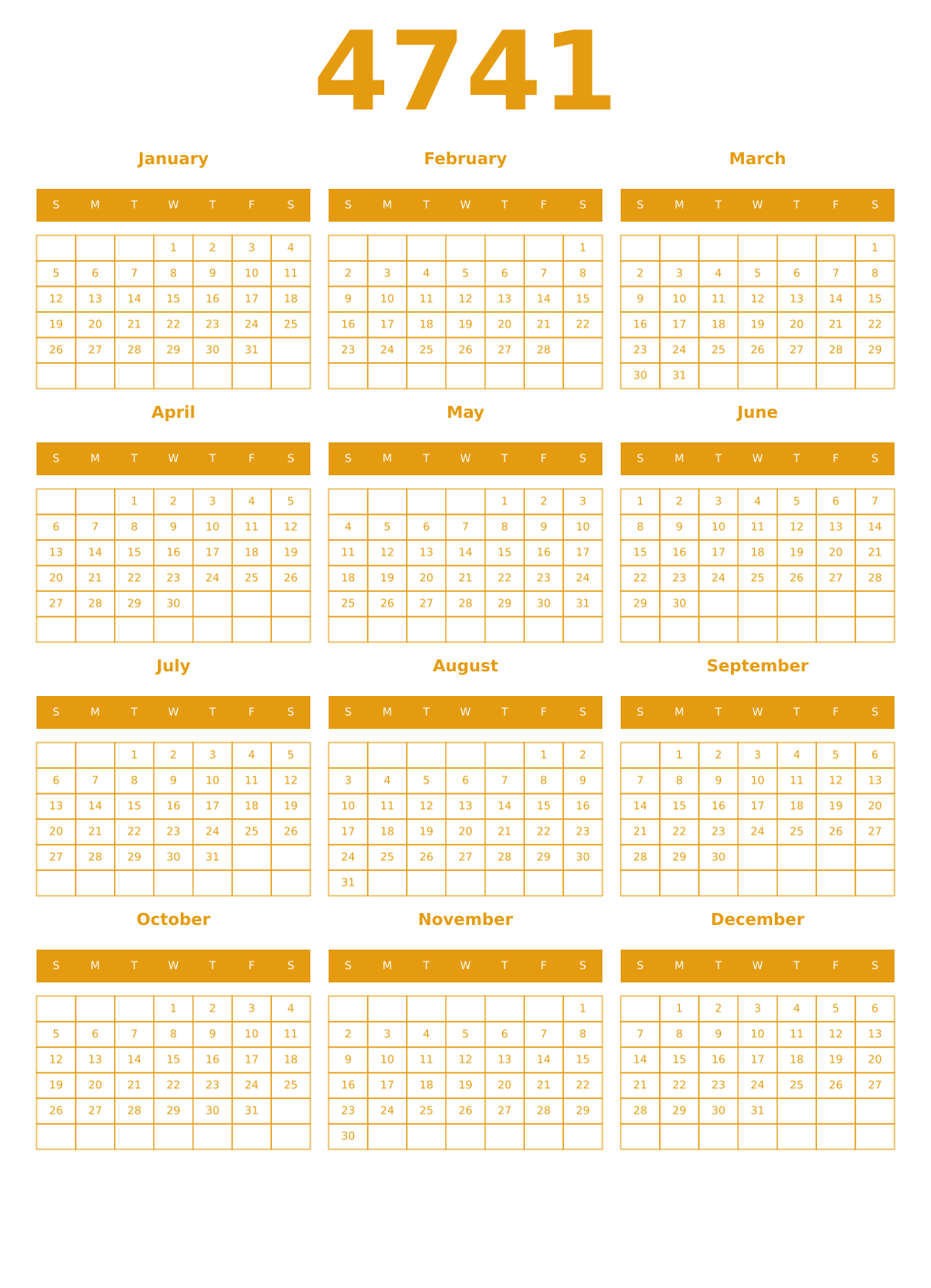 Printable 4741 Year Calendars gamboge