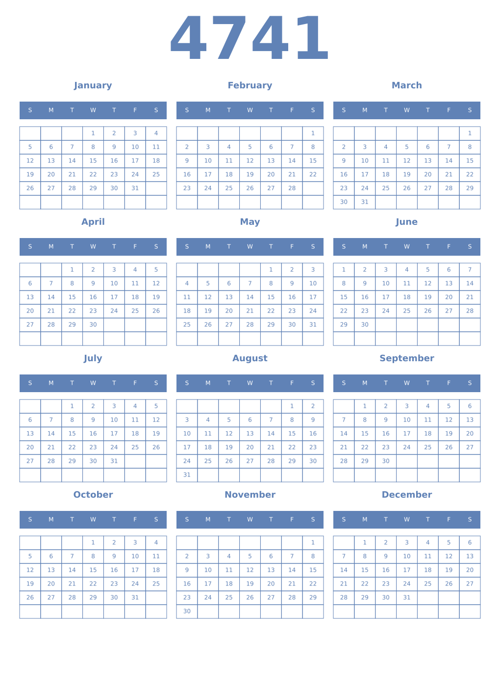 Printable 4741 Year Calendars glaucous