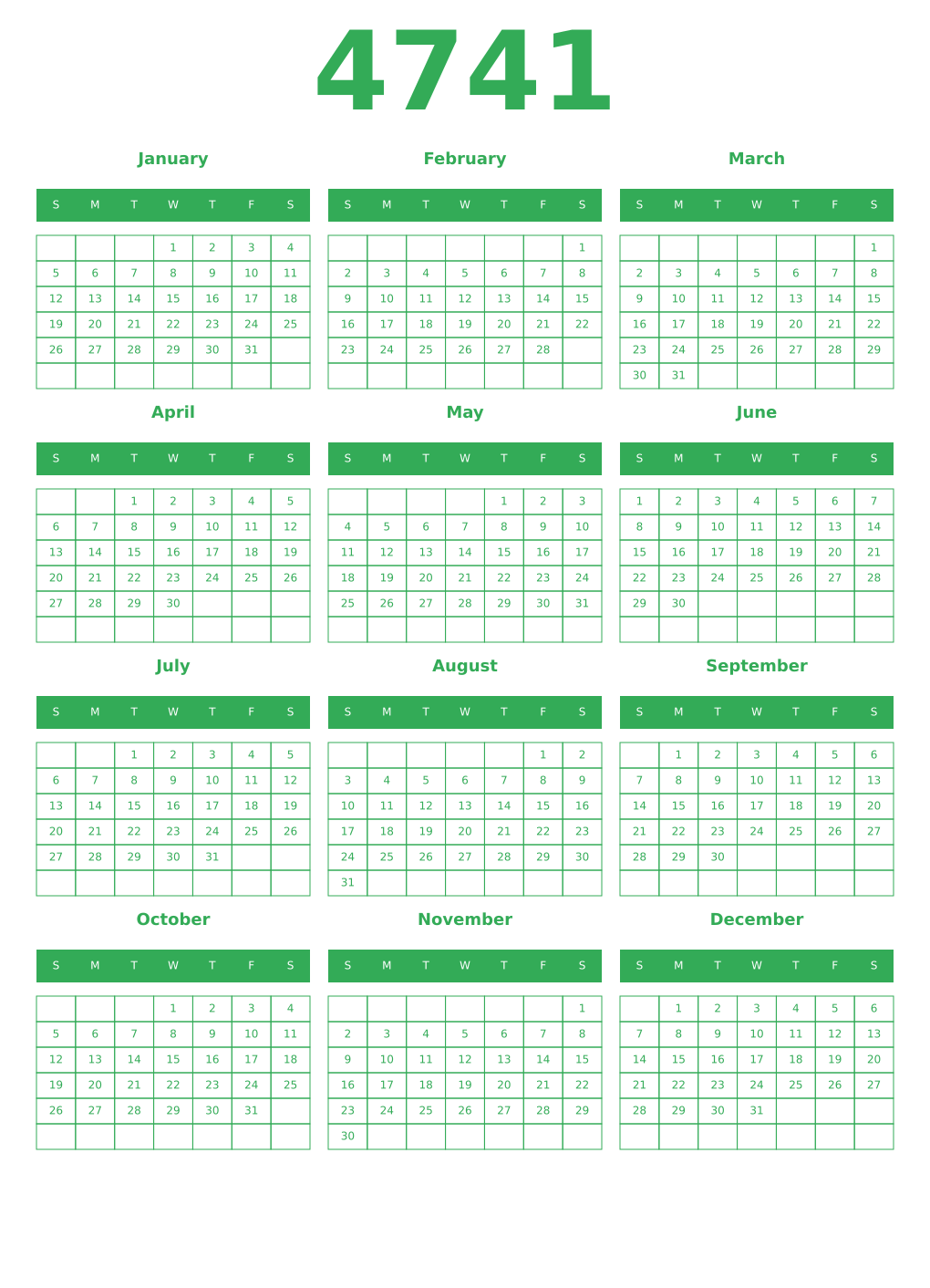 Printable 4741 Year Calendars green