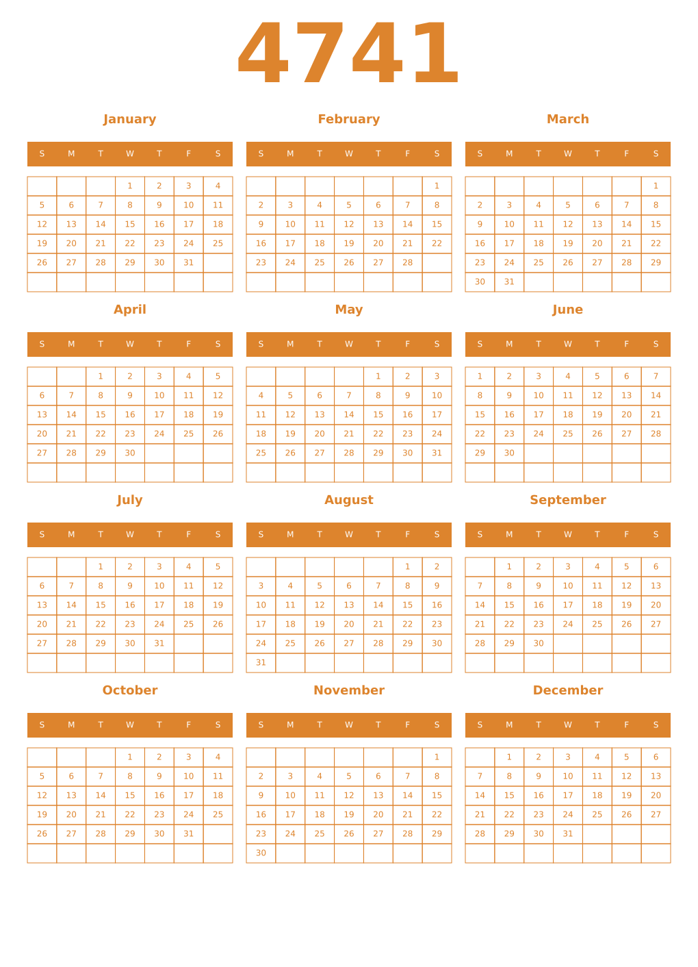 Printable 4741 Year Calendars orange