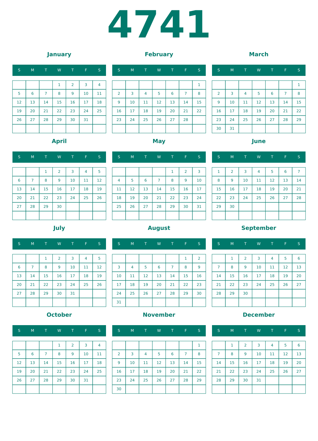 Printable 4741 Year Calendars pastel