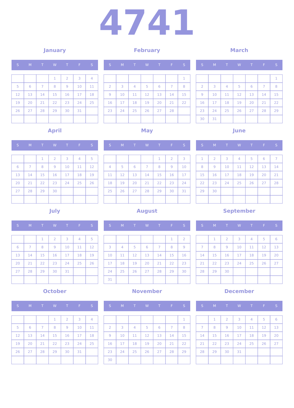Printable 4741 Year Calendars periwinkle