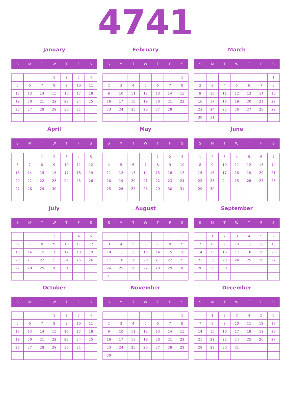 Printable 4741 Year Calendars purple
