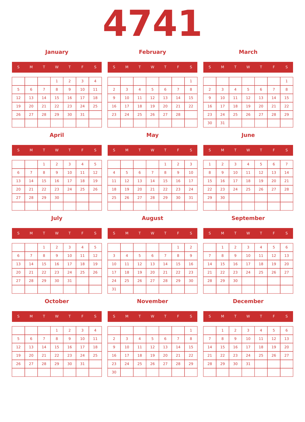 Printable 4741 Year Calendars red