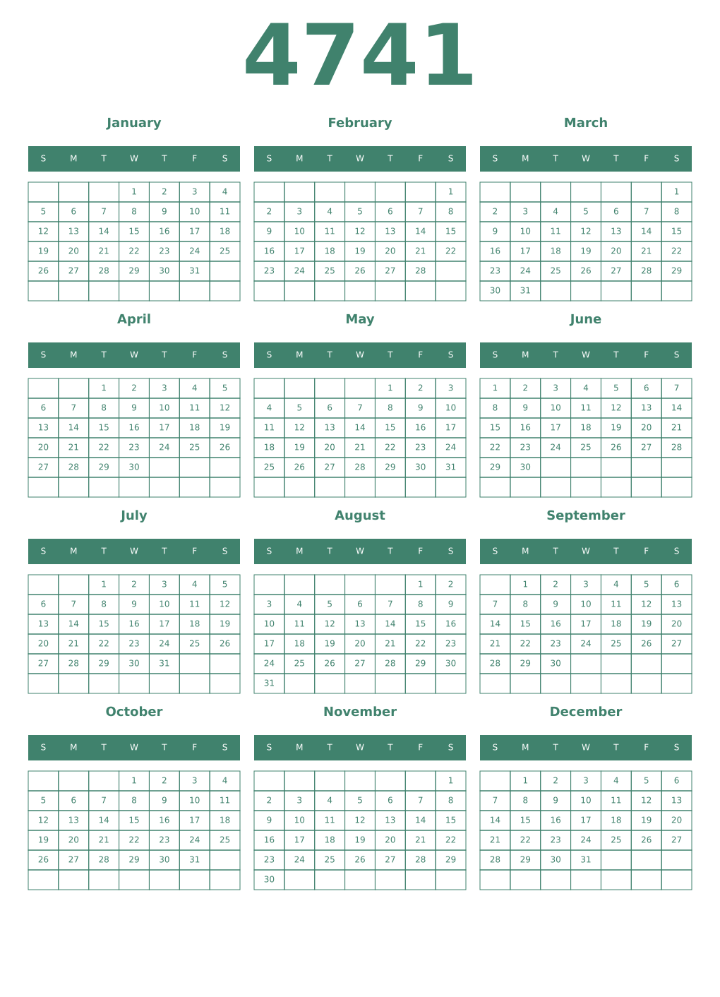 Printable 4741 Year Calendars viridian