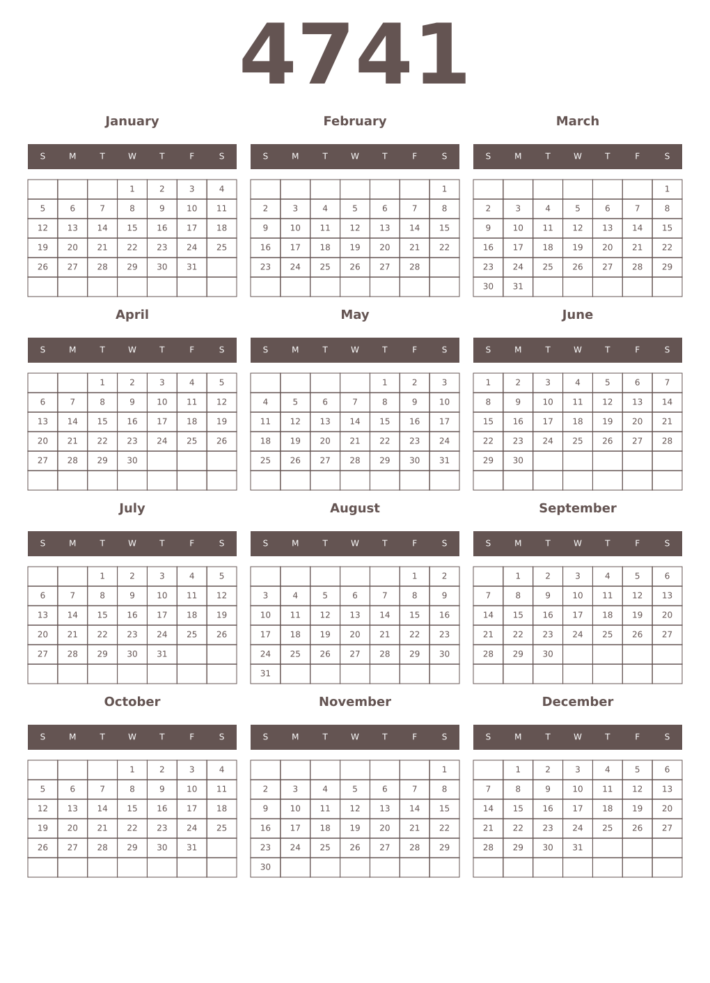 Printable 4741 Year Calendars wenge