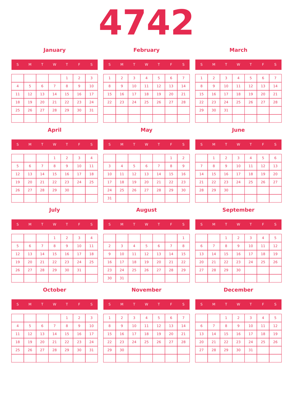 Printable 4742 Year Calendars amaranth