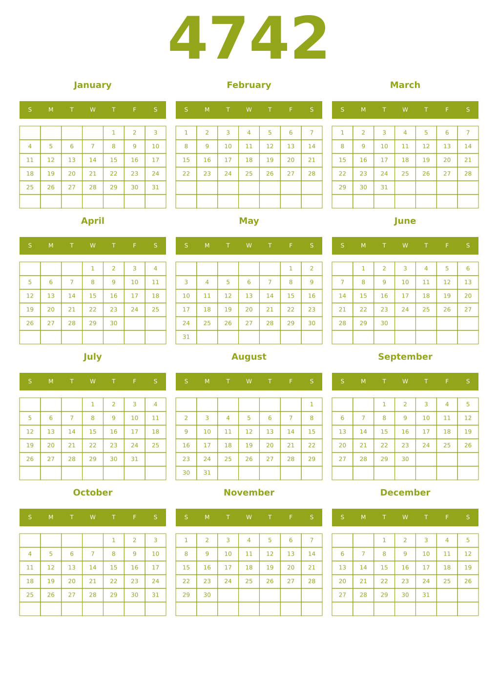 Printable 4742 Year Calendars chartreuse