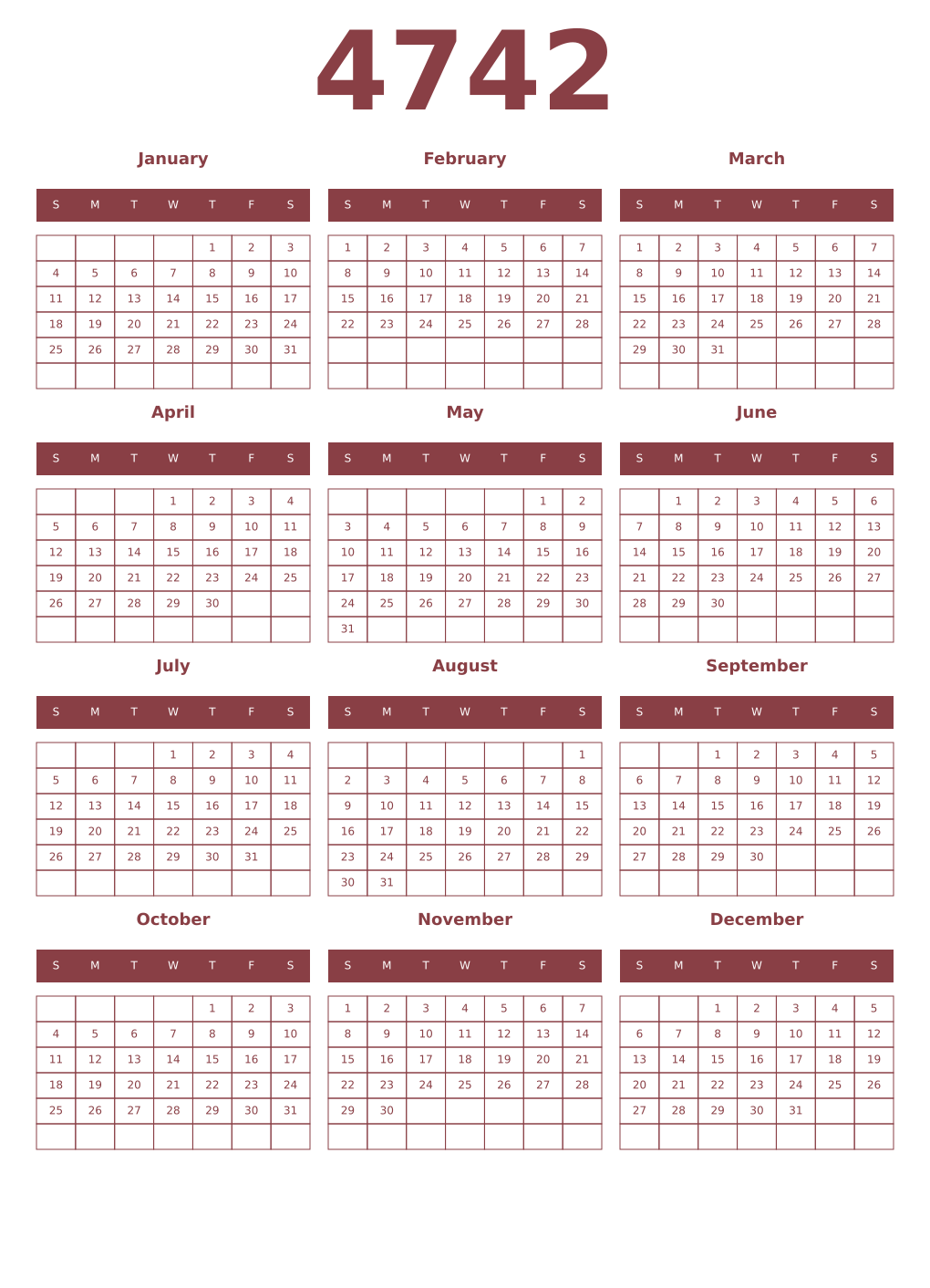 Printable 4742 Year Calendars cordovan
