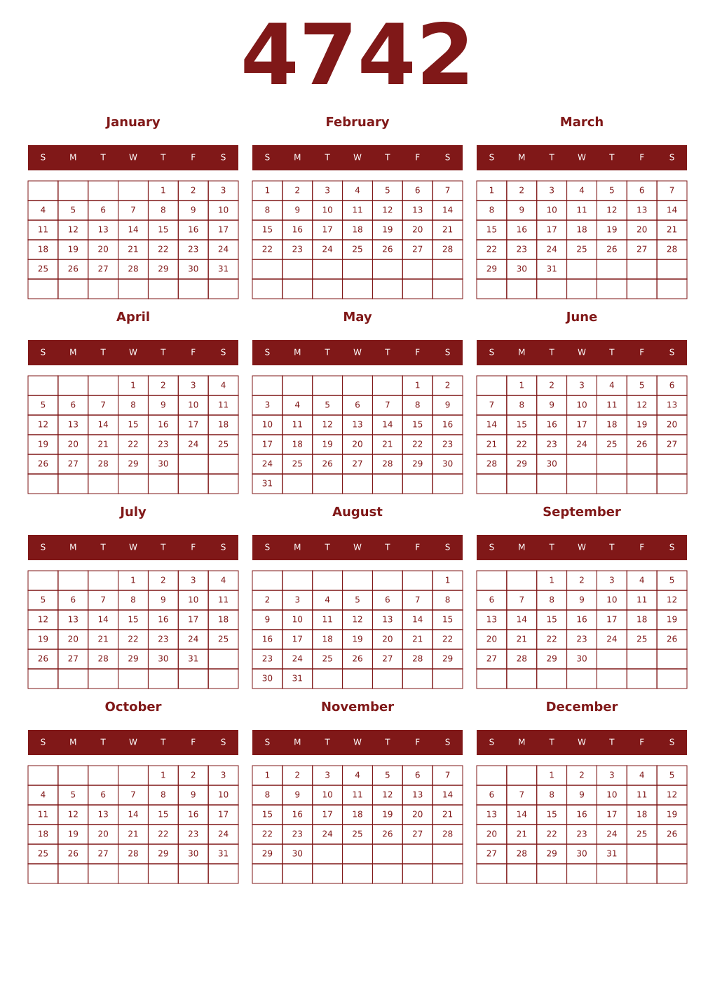 Printable 4742 Year Calendars falu
