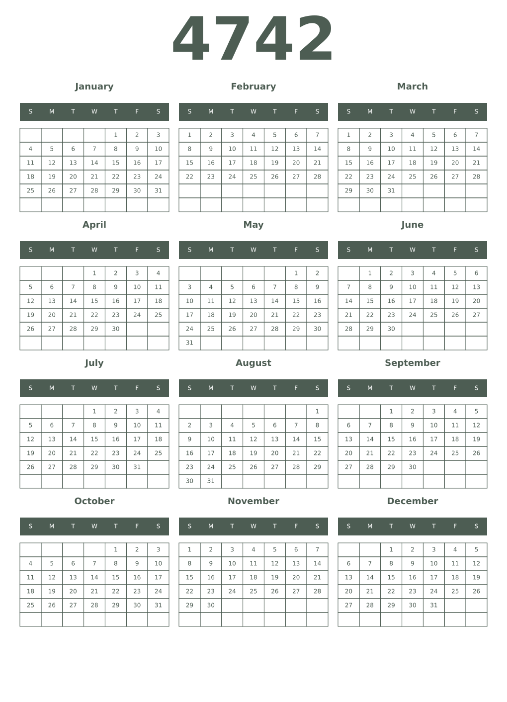 Printable 4742 Year Calendars feldgrau